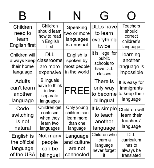 MYTHS ABOUT BILINGUALISM Bingo Card