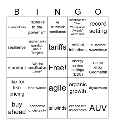 Investor Call Bingo Card