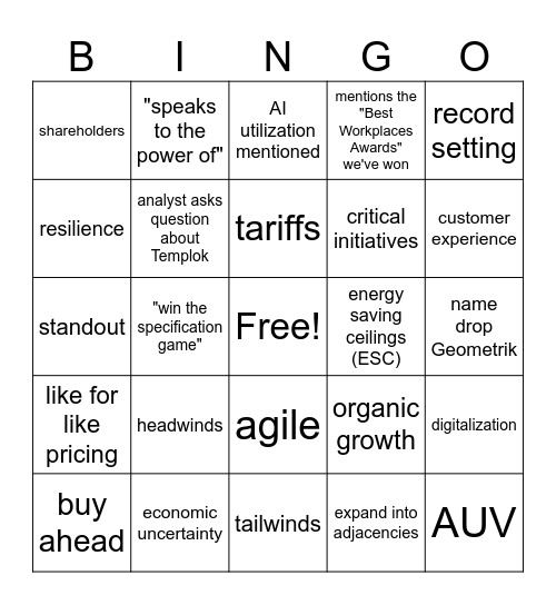 Investor Call Bingo Card