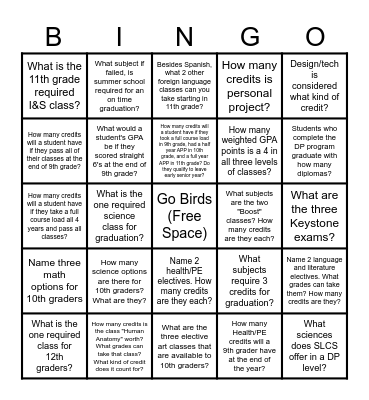 Graduation Requirement Course Catalog Bingo Card