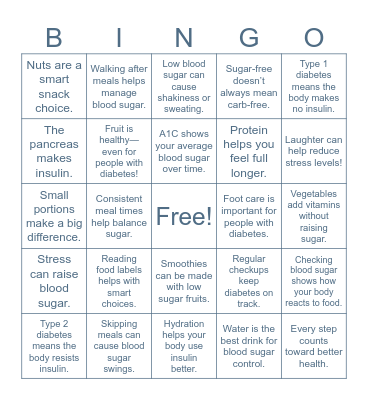 Diabetes Fun Fact Bingo Card