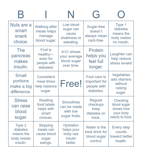 Diabetes Fun Fact Bingo Card