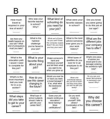 Career Paths Human Bingo Card