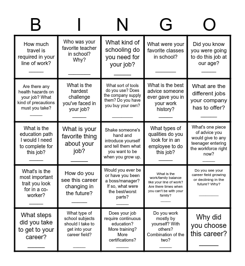 Career Paths Human Bingo Card