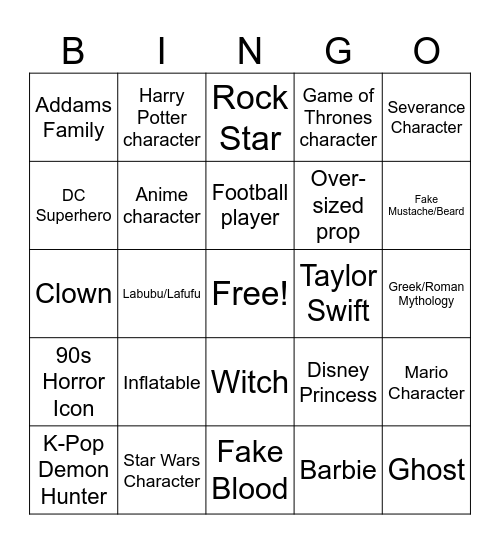 Halloween Costume Bingo Card