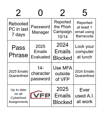 VFP, Inc Cybersecurity Bingo Card