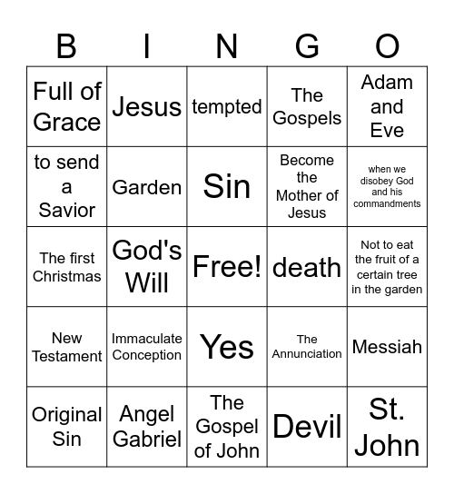 Original Sin, Mary the mother of Jesus & Jesus and Savior Bingo Card