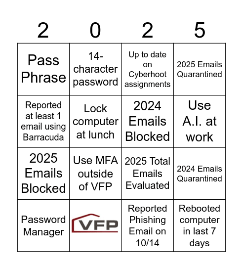 VFP, Inc Cybersecurity Bingo Card