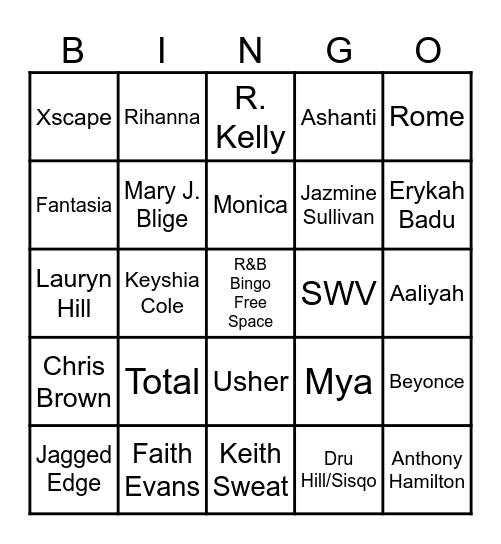 R&B Music Bingo Card