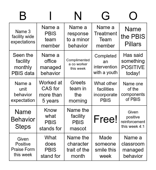 Staff PBIS Bingo Card