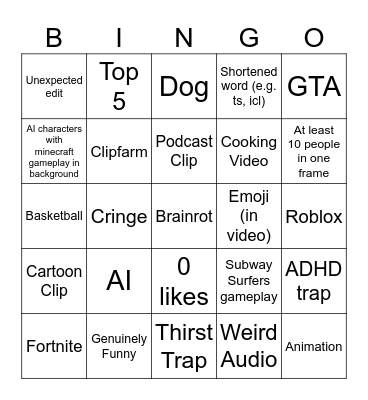 Shorts vs Tiktok vs Reels Bingo Card