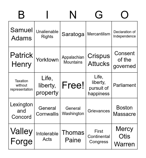American Revolution Bingo Card