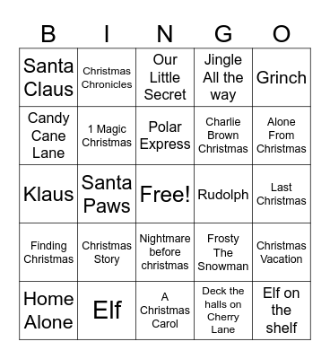 Christmas Movies Bingo Card