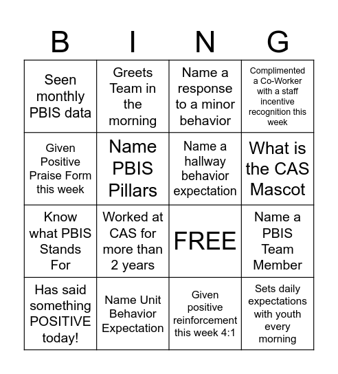 CAS PBIS BINGO Card
