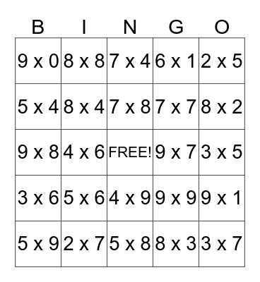 Multiplication Bingo Card