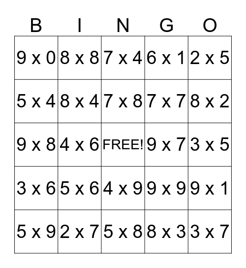 Multiplication Bingo Card
