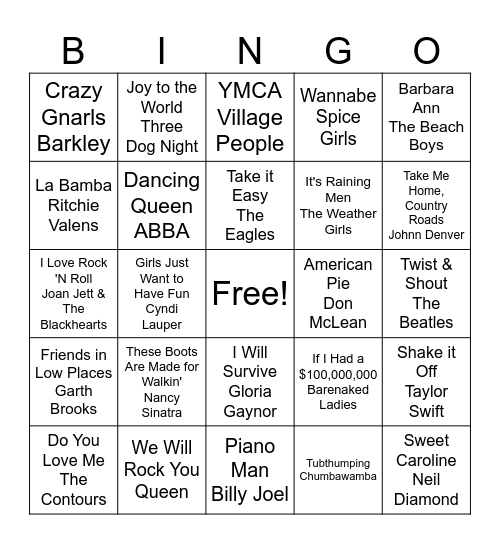 SING-ALONGS Bingo Card