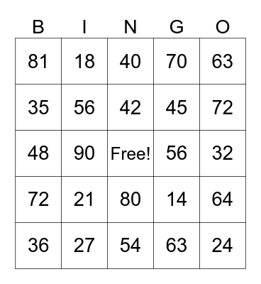 Multiplication Bingo Card
