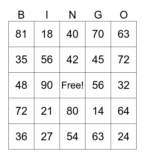 Multiplication Bingo Card