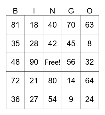 Multiplication Bingo Card