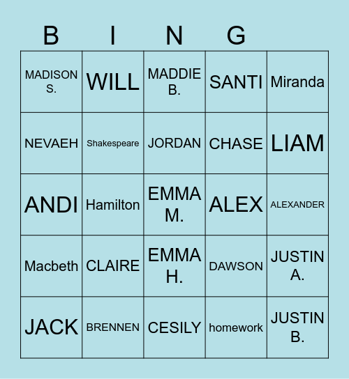 4th Block Bingo Card