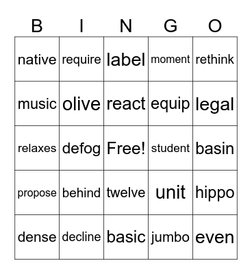 Open Syll + Closed or VCE Bingo Card