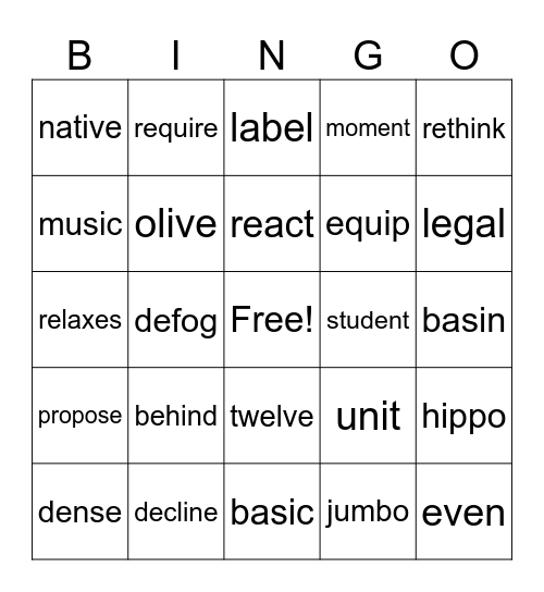 Open Syll + Closed or VCE Bingo Card