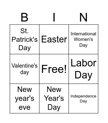 Holidays Bingo Card