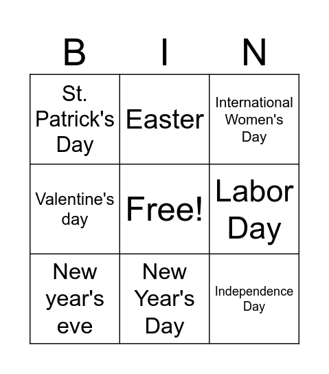 Holidays Bingo Card