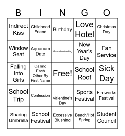 Romance Bingo Card