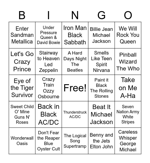 NAME THAT TUNE Bingo Card