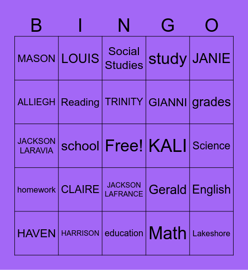 Homeroom Bingo Card
