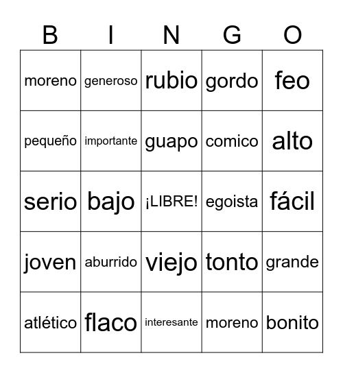 Los Adjetivos en Español Bingo Card