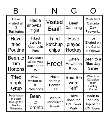 Canadian Bingo Card