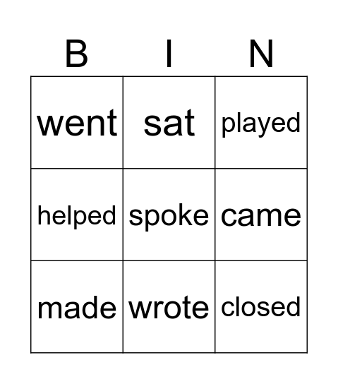 Find the Verb Bingo Card