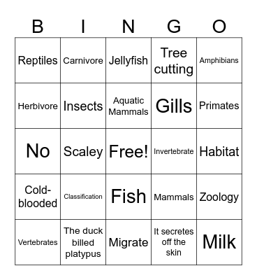 Animal Unit Bingo Card