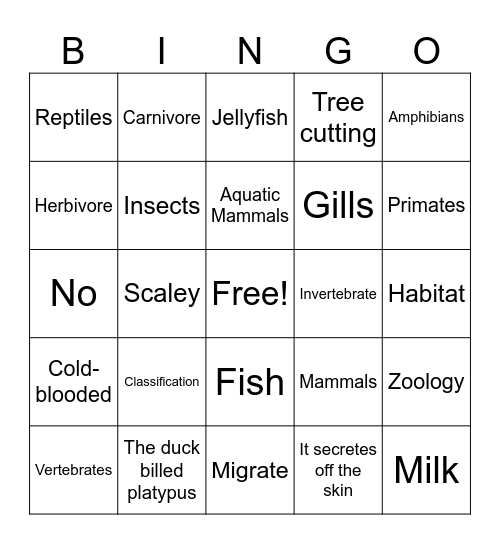 Animal Unit Bingo Card