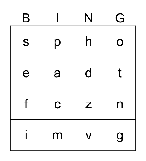lowercase letters Bingo Card