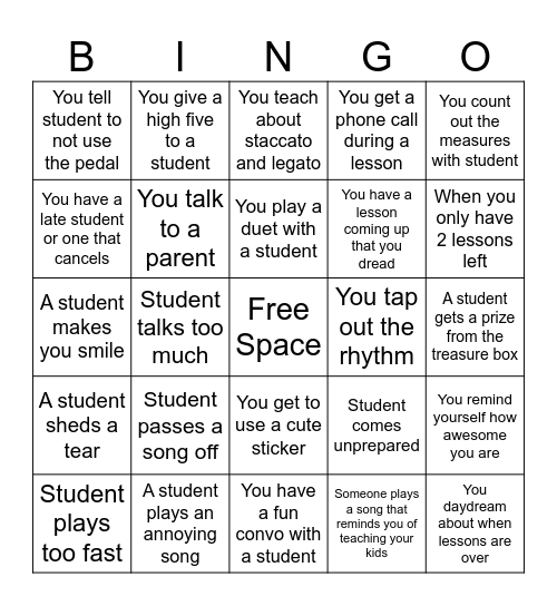 Piano Student Bingo Card