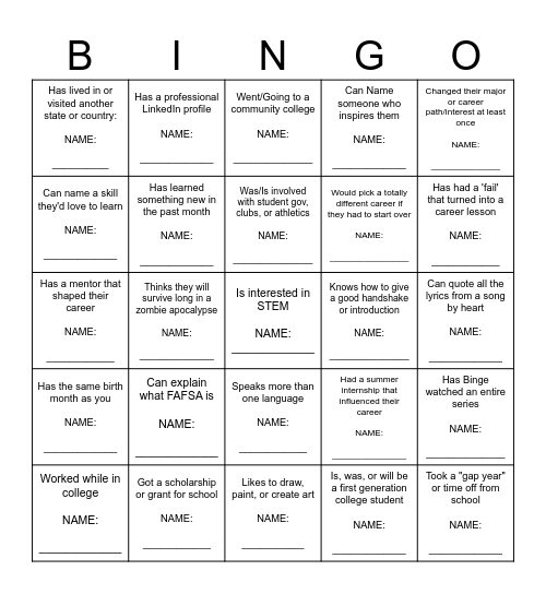 STEM Scholars Career Day Bingo Card