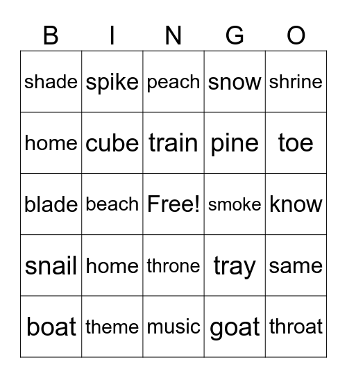 Long Vowel Bingo Card
