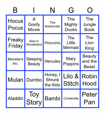 Disney Movie Bingo Card