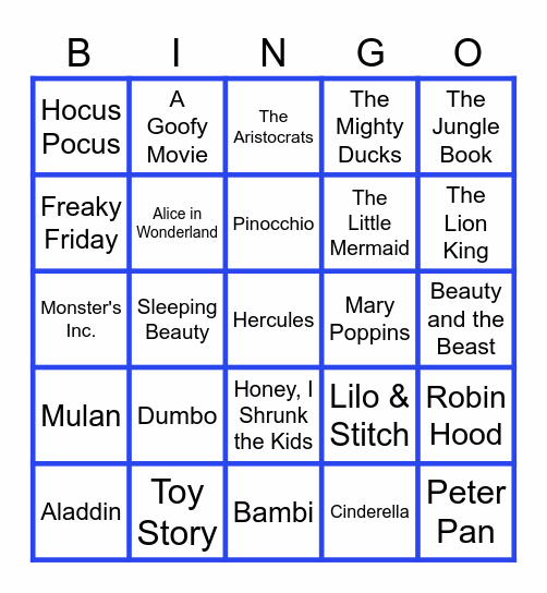 Disney Movie Bingo Card