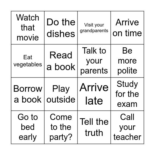 Modal verbs Bingo Card