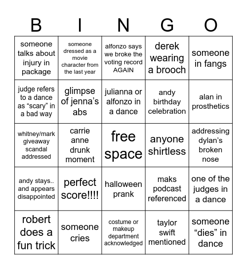 DWTS Halloween Night Bingo Card