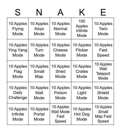 Google Snake Bingo Card