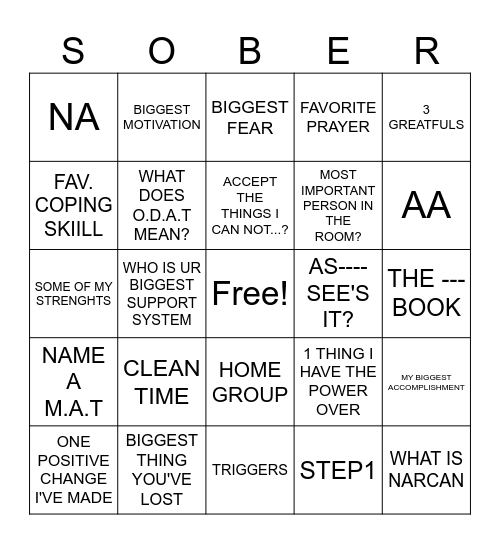 recovery bingo Card