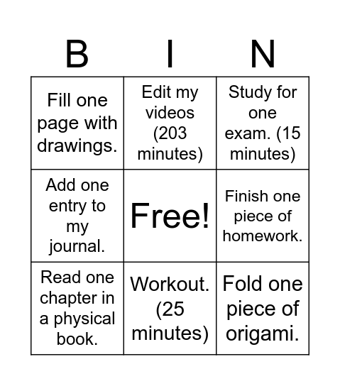 Homework Bingo Card