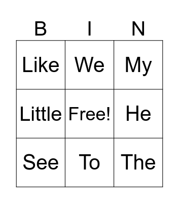 Sight Words Bingo Card
