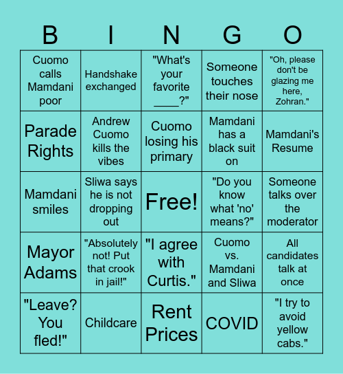 NYC Mayoral Debate Bingo Card